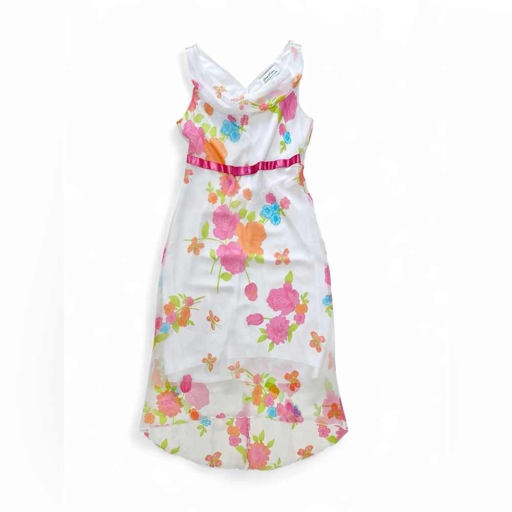 White Floral High-Low Girls Dress with Pink Accents